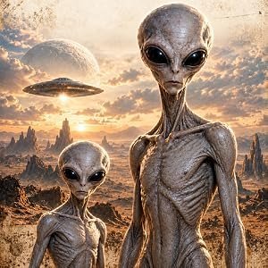 Zwei Greys mit großen schwarzen Augen in einer Wüstenlandschaft, im Hintergrund ein UFO